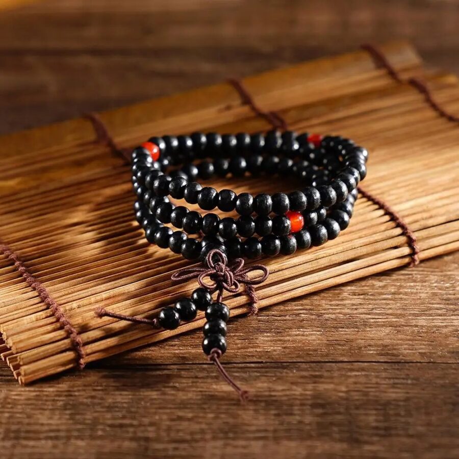 Bracelet Bouddhiste Mala en Bois de Santal – Noir