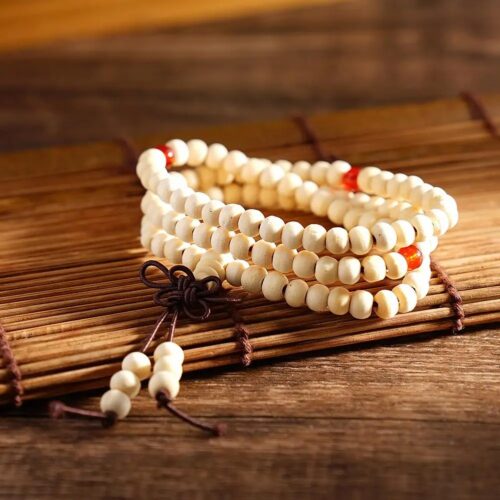 Bracelet Bouddhiste Mala en Bois de Santal – Blanc