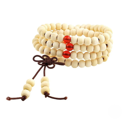 Bracelet Bouddhiste Mala en Bois de Santal – Blanc