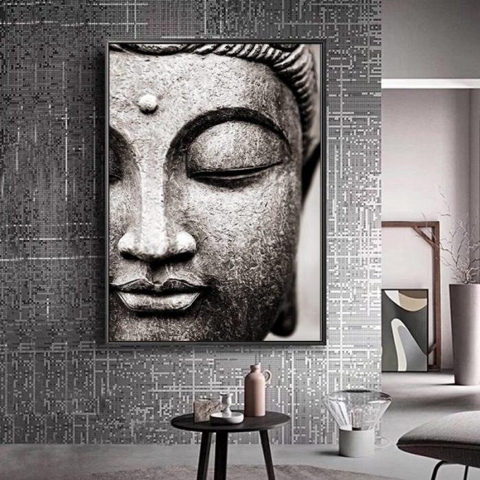 Tête de Bouddha en bronze bouddhisme Peinture Tableau en Vente